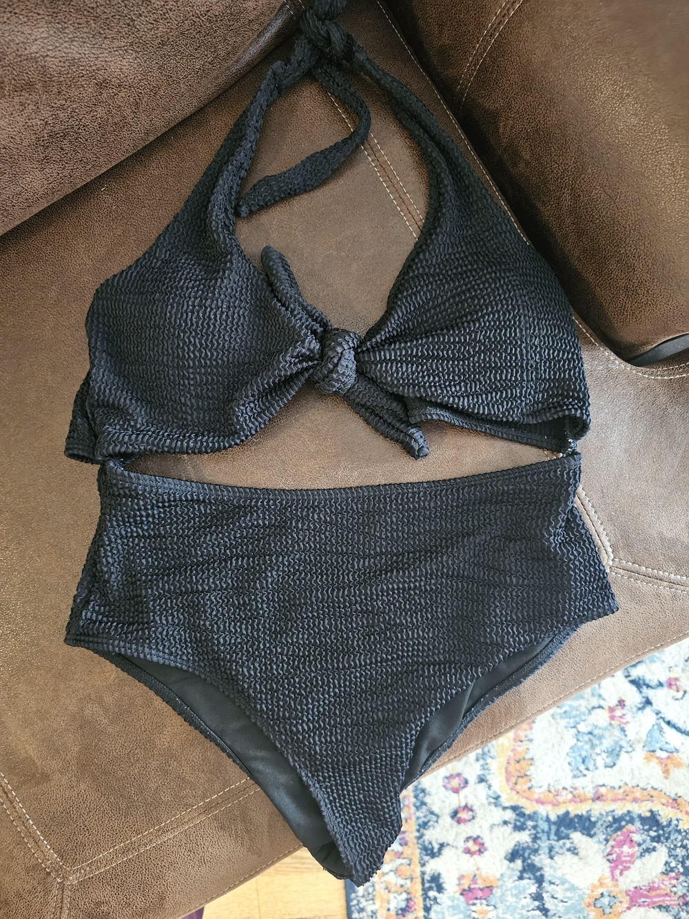 SHEIN Black Textured Knot-Front Halter Bikini Set